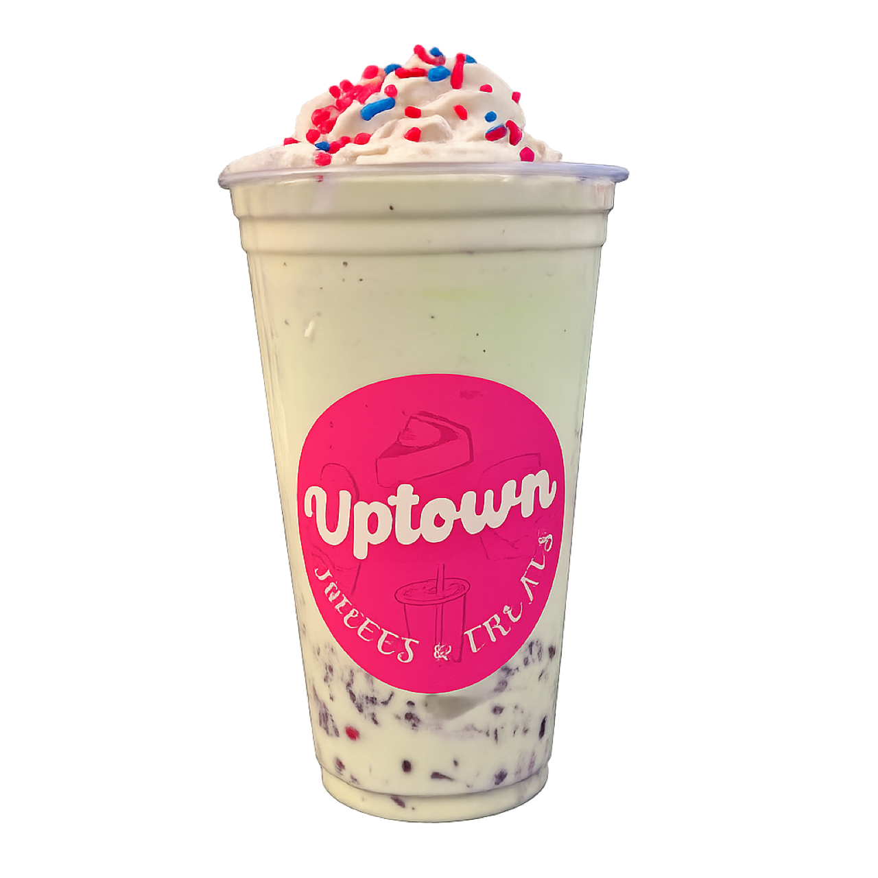 Cream dessert drink with sprinkles and whipped cream